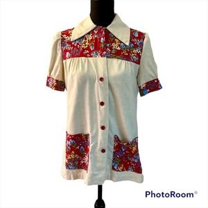 VTG 70s Western Short Sleeve Button Down Blouse Red Floral and Cream Handmade